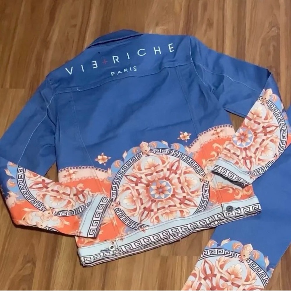 Vie Riche Baroque Print Denim Jean Jacket - Picture 2 of 6